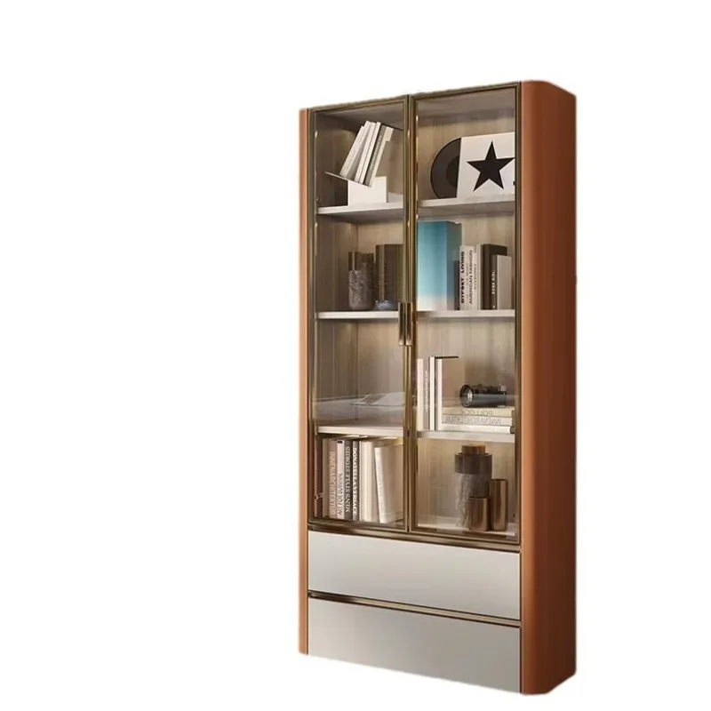 

Modern designer saddle leather bookcase, living room display cabinet, glass door storage cabinet, living room home wine cabinet