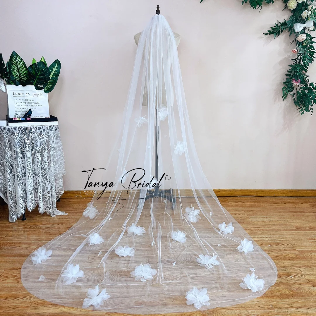 elegant-soft-mesh-bridal-veil-2-meters-long-with-handmade-flowers-simple-bride-hair-accessory-with-comb-for-wedding