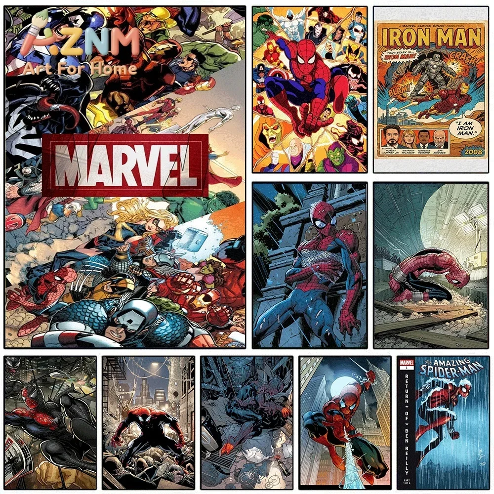 Marvel Superhero Comic Canvas Wall Art Spider Man Iron Man Avengers Superheroes Unframed Canvas Print Poster Home Decor Painti