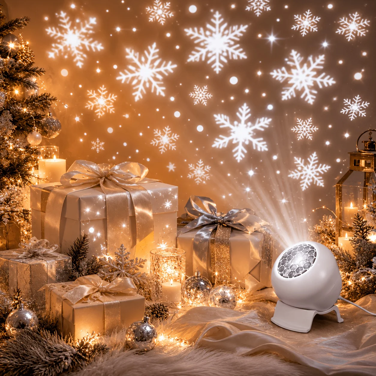 Christmas Snowflake Projector Light USB Powered Auto Rotating Indoor Xmas Home Room Party Holiday Atmosphere Decor Night Light