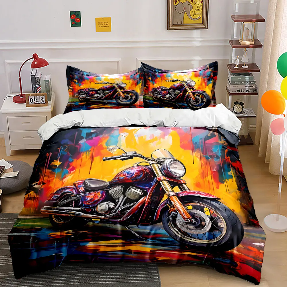 Painted motorcycles and graffiti background Print Bedding Set 1 Duvet Cover 2 Pillowcases for Adult and Children Luxury Gift