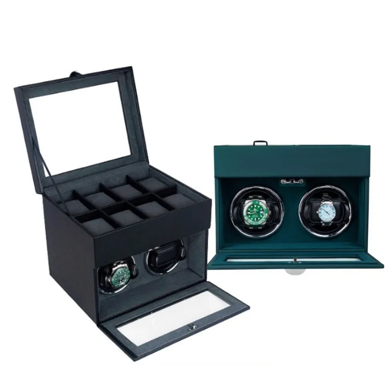 Leather Watch Winder for Automatic Watches 2 Slots Winders Display Luxury Mens Watches Box for Storing with Light Rotator Boxes