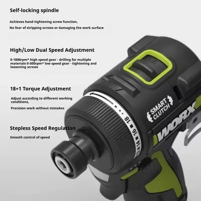 Worx WU139 Cordless Screwdriver Dual Speed 50Nm 12v 1800rpm 18+1 Brushless Motor Adjust Torque Univeral Green 12V Battery Pack