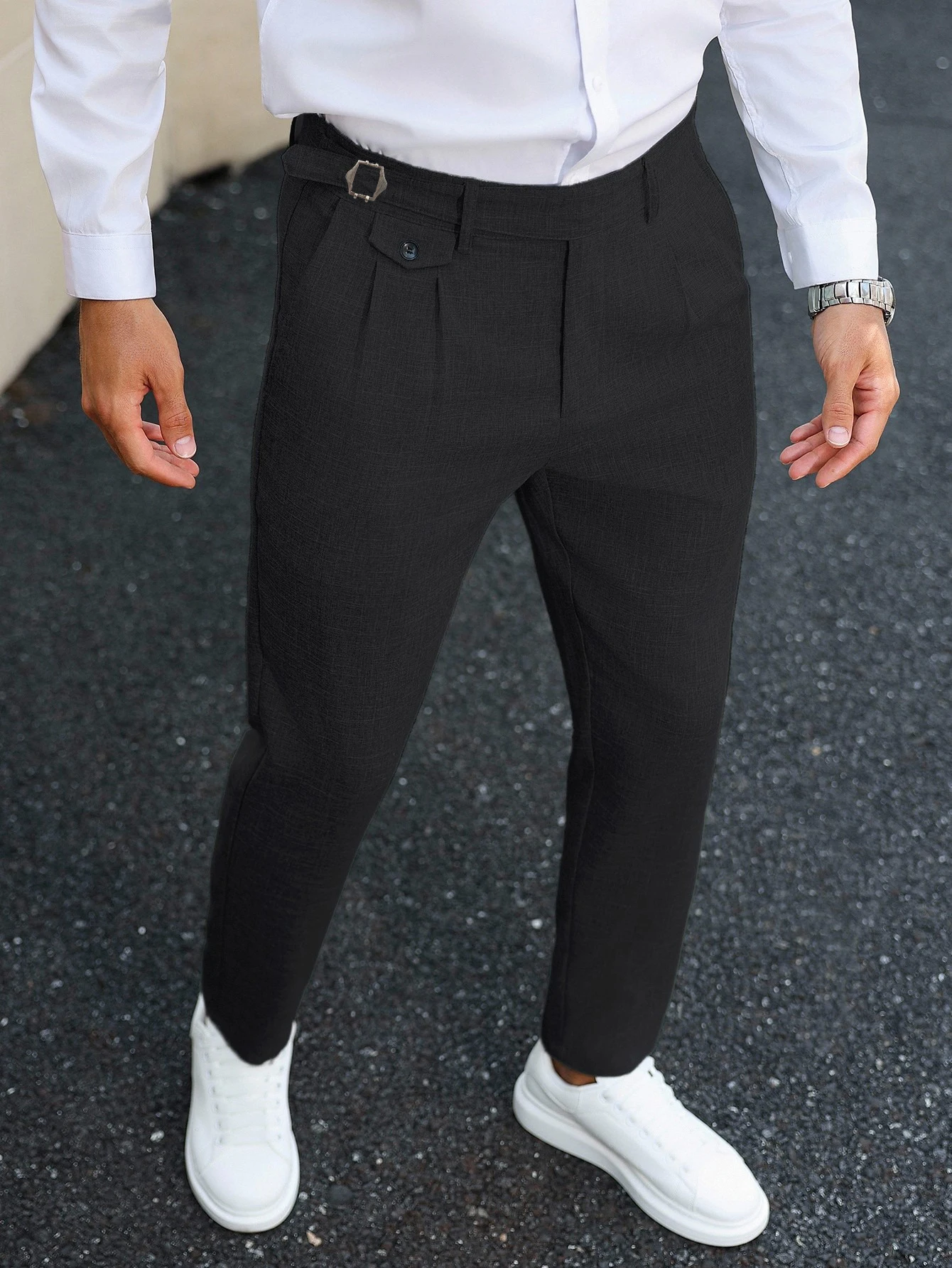 

Men Double Pleated Textured Ankle Chino Pants Viscose Elastane Stretch Slim Tapered Cropped Casual Trousers Multi Colors