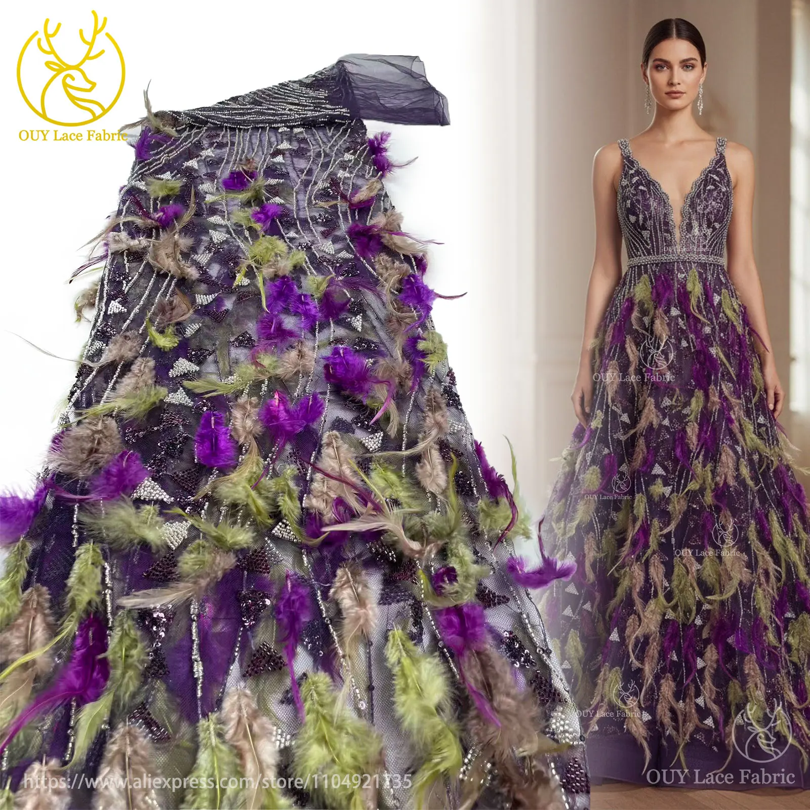 فاخر الأفريقي ثلاثية الأبعاد ريشة الدانتيل والتطريز 2025 جودة عالية الفرنسية النيجيري مطرز الترتر أقمشة الدانتيل فساتين الزفاف النسائية