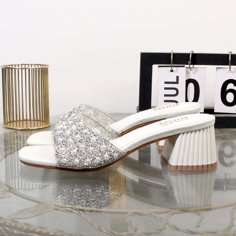 New rhinestone slippers 2024 summer outside fashion temperament thick high heel Women's shoes Luxury and elegance sandals