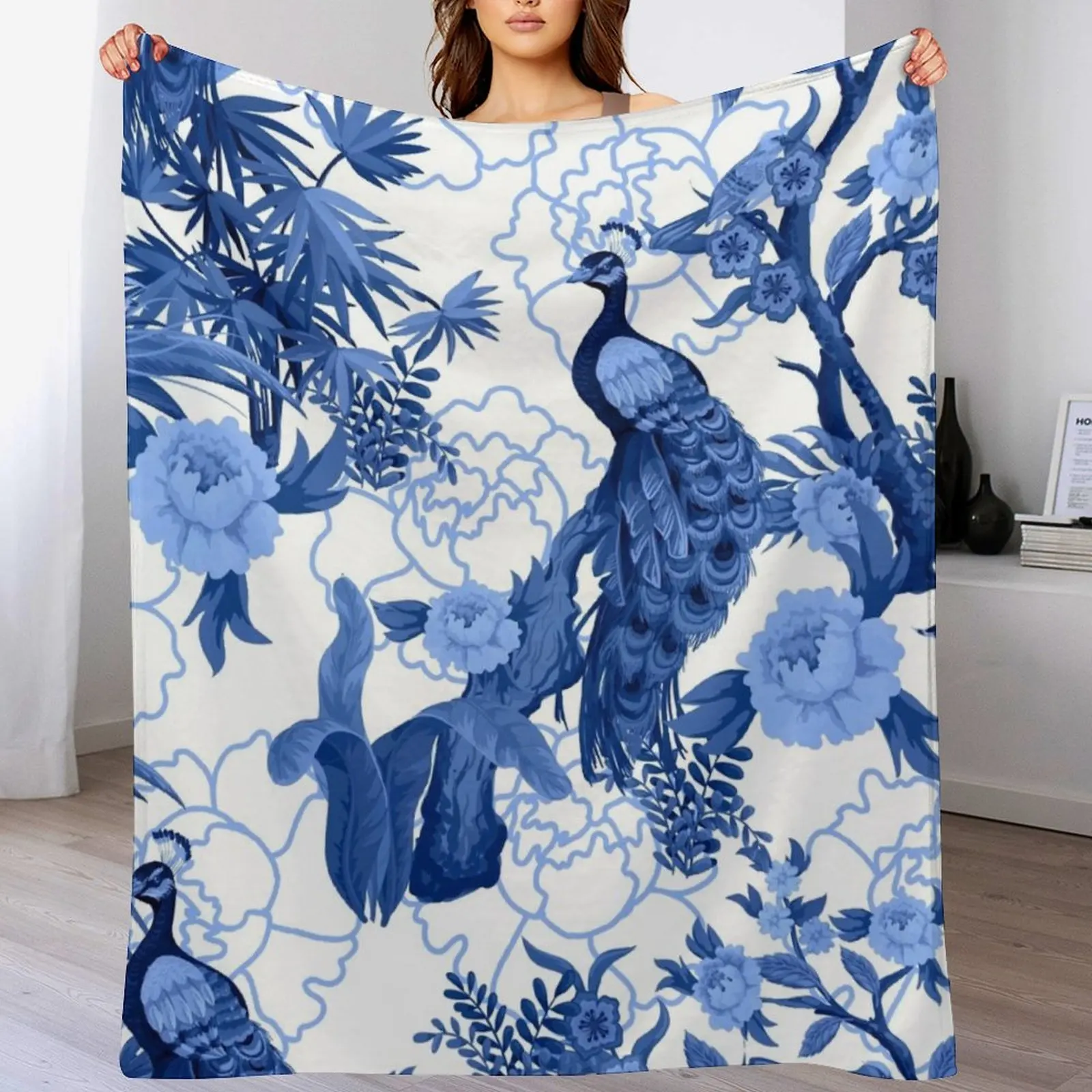 

Delft Blue Chinoiserie Fengshui Oriental Garden with Peacocks Throw Blanket Cute Plaid christmas gifts Baby Blankets