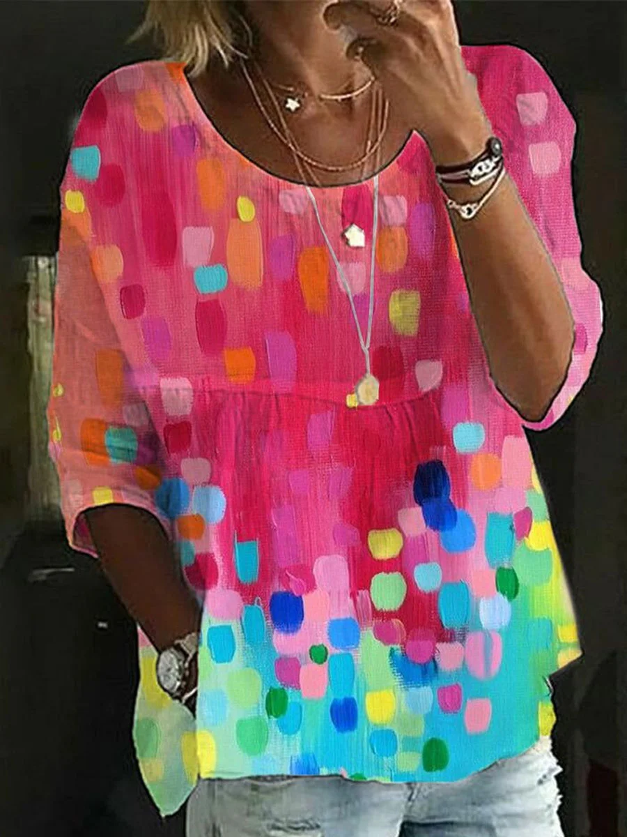 Camisa holgada con cuello redondo para mujer, camisa informal estampada, Top elegante para vacaciones y fin de semana