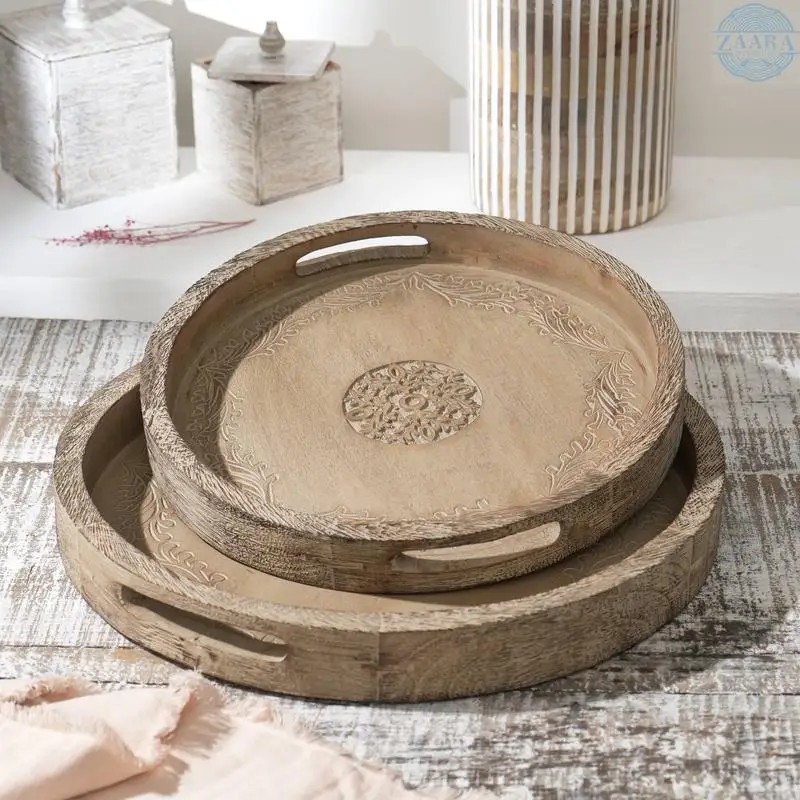 

18" Round Mango Wood Serving Tray - Rustic Brown Design for Chic Entertaining and Stylish Displays