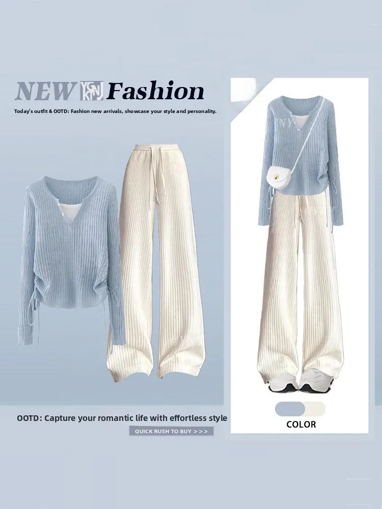 

Blue Knitted Top And Casual Pants Set Women's Gentle Lazy Style Spring Outfit High Waist Long Pants Striped Pattern Long Sleeve
