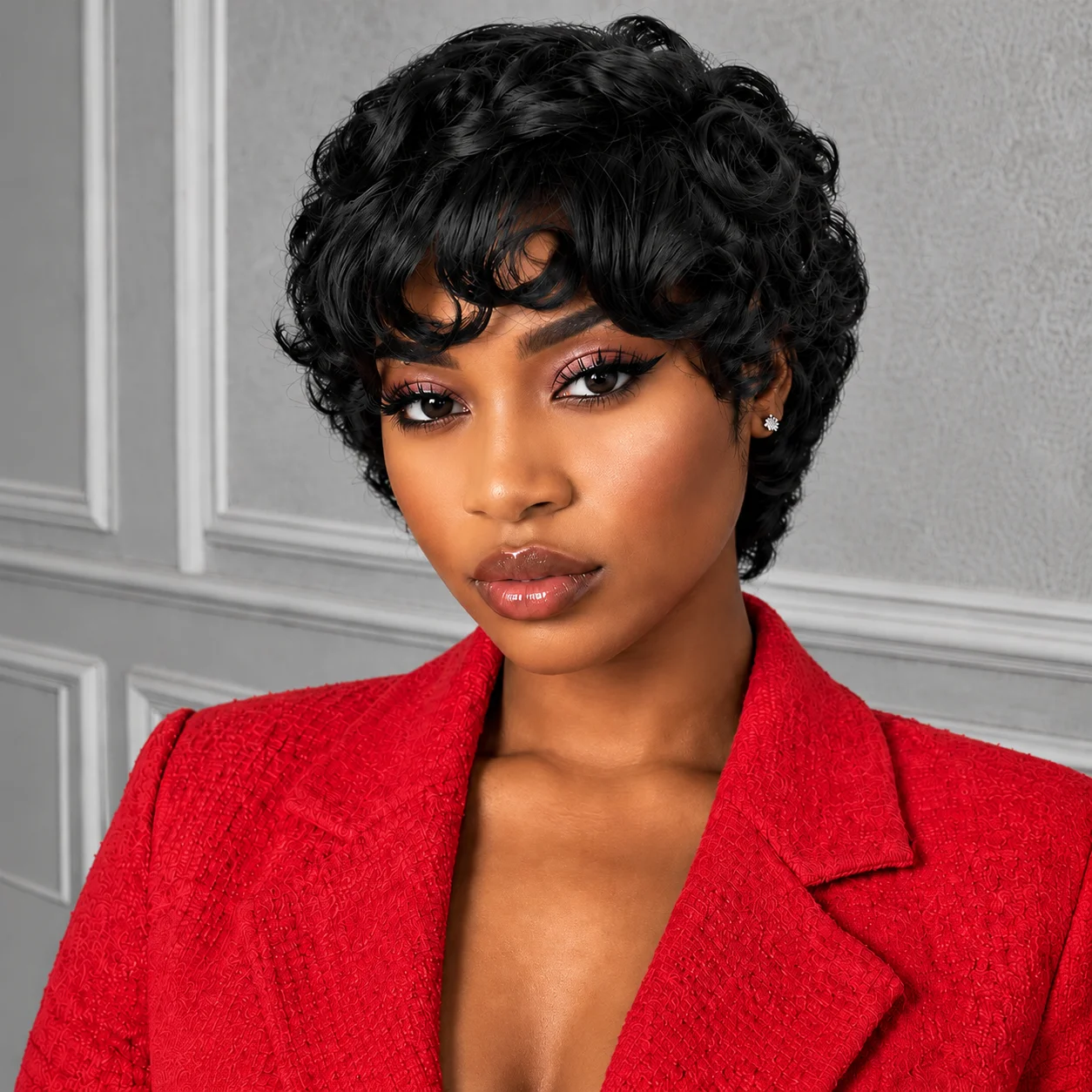 1B# Pixie Cut Human Hair Wig Loose Wave Brazilian Hair Natural black Pixie Cut Wig for Woman Baby Hair 6inch Full machine Made