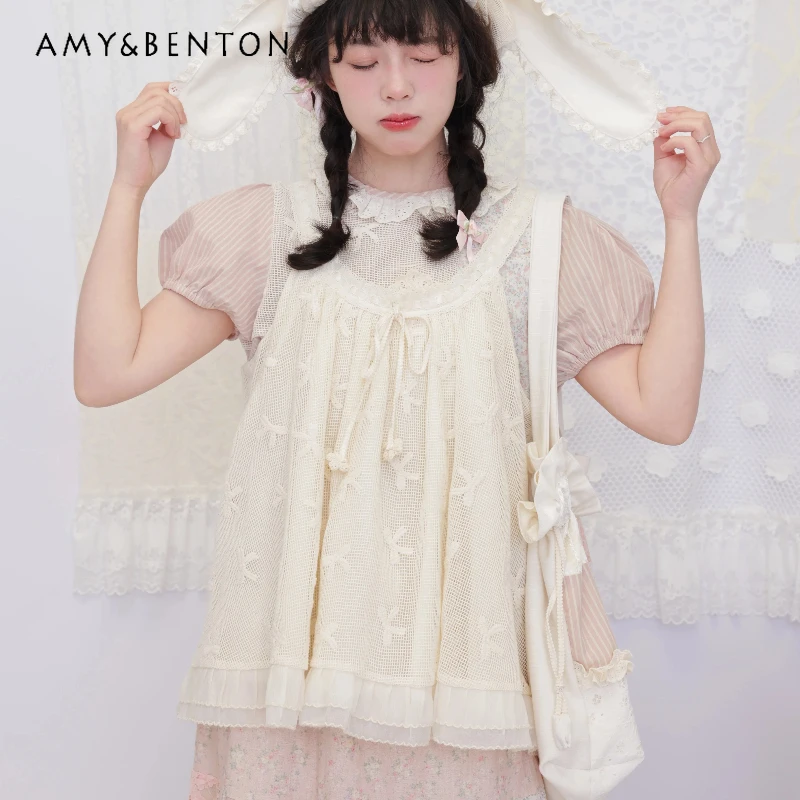 

2026 Summer New Women's Clothing Retro Girl Design Sweet Cute Y2k Bow Lace-up Stacked Lace Splicing Sleeveless Sling Vest Ladies