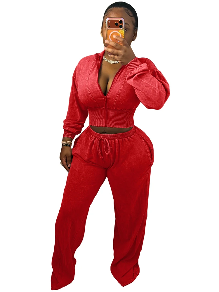 JENYAGE Damen 2-teiliges Vintage-Outfit, Stretch-Crop-Top mit Reißverschluss vorne, elastische Hose mit Kordelzug und weitem Bein, lässiges Loungewear-Set – Detail 6