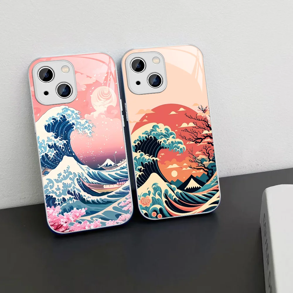 Creative Ukiyo-e painting waves Phone Case Tempered Glass For iphone 14 13 12 11 Pro Mini XS MAX 14Plus X XS XR Cover