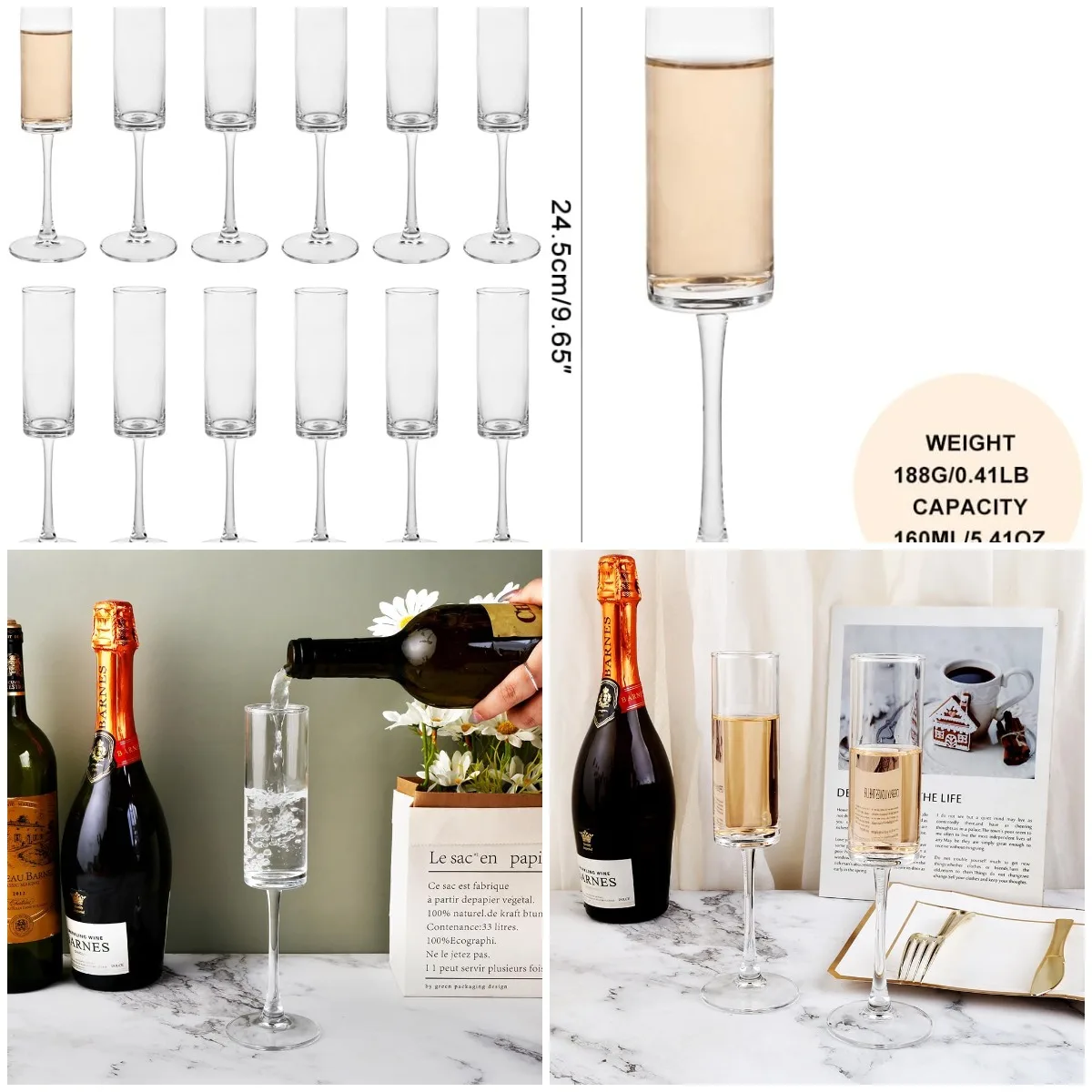 

Champagne Flutes Set of 12, 160ml, Clear Glass, 5.5oz - Elegant for Celebrations