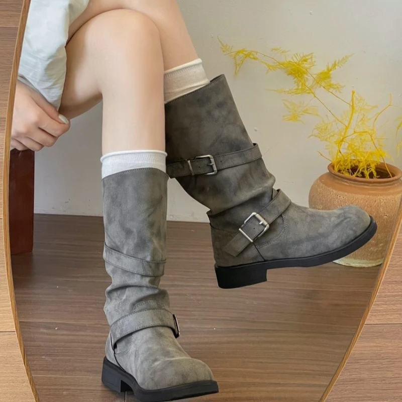 Vintage Washed Slouch Mid Calf Boots Women, Round Toe Metal Buckle Strap Motorcycle Boots, Distressed Western Knight Boots
