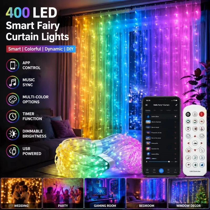 400 LED RGB Curtain Lights, Smart App Controlled Music Sync Fairy, for Gaming Room Bedroom Window Wall Home Party Decor