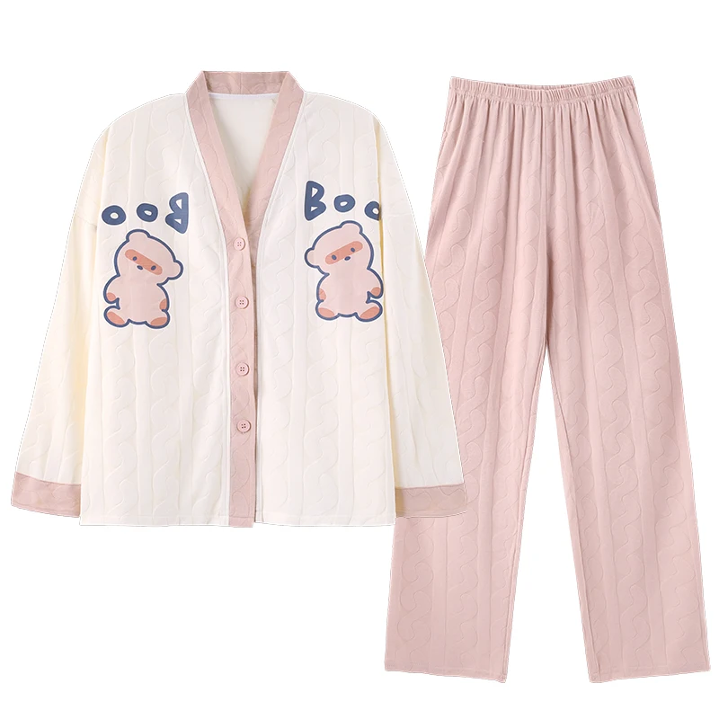 Pink Cartoon Pajamas Sets Women Cute Long Sleeves Long Pants Autumn Winter Kawaii Pyjamas Soft Pijamas Cozy Sleepwear Button Pjs