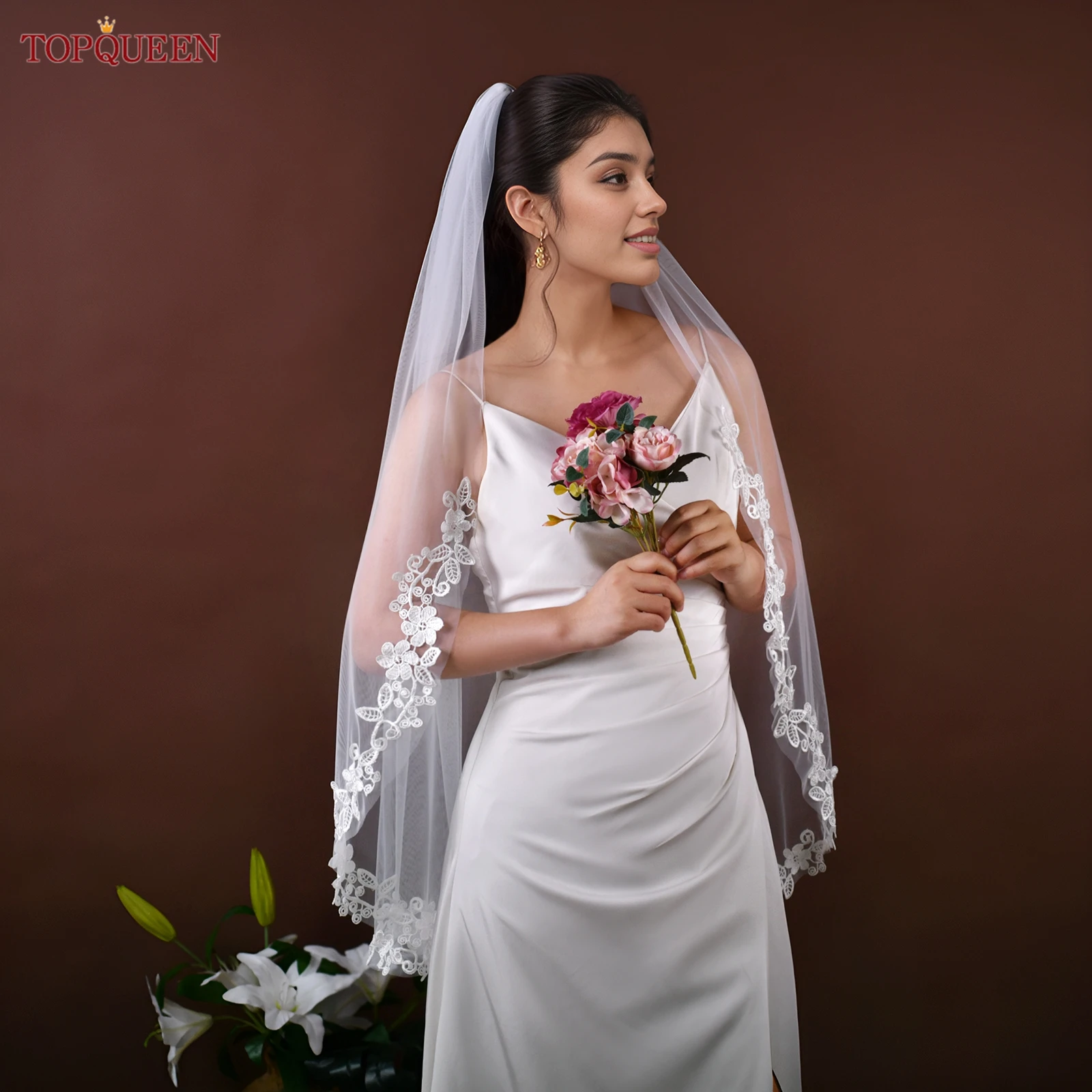 TOPQUEEN V317 طرحة زفاف دانتيل ناعم حجاب زفاف طبقة واحدة أنيقة Rochii رومانسية زهرة دانتيل للتخصيص