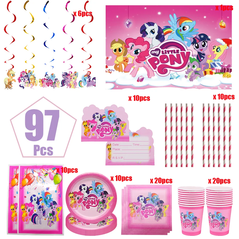 Cartoon Pony Theme Birthday Party Decor Tableware Set Tablecloth Plate Cup Balloon Cake Topper Banner Horse Baby Shower Gifts