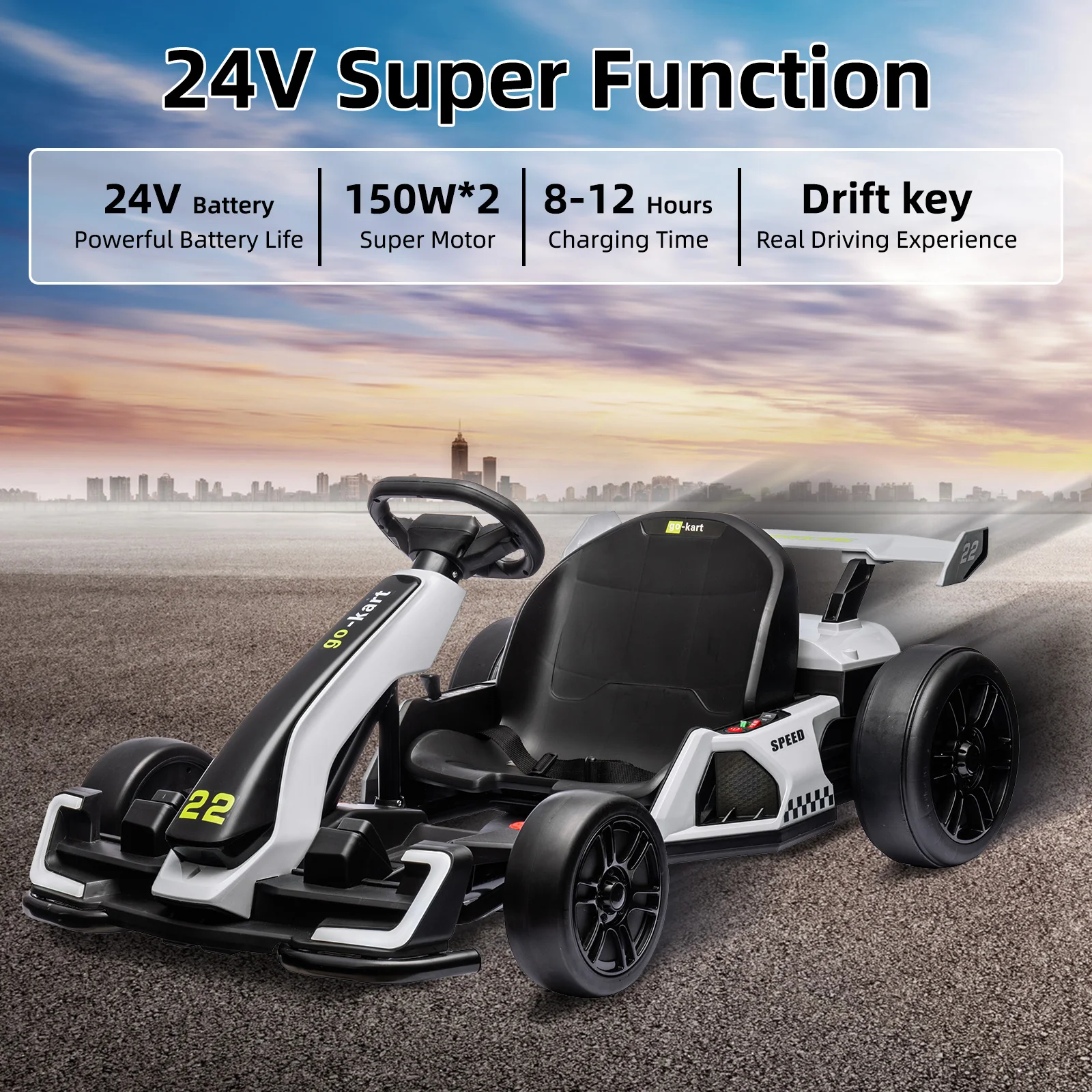 24V Electric Drift Go Kart 300W Ride On Racer For Kids 6-12, Adjustable Seat, EVA Tires, 4 Speed Sport Drift Modes, LED Lights