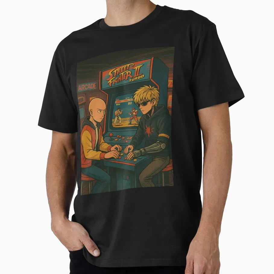 One Punch Arcade – Saitama & Genos Streetwear Battle Gift T-shirt for Anime lover 1205 One Punch Man Manga Print Graphic Clothes