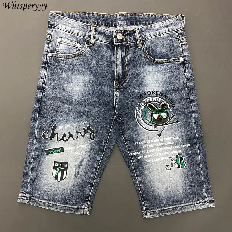 

Harajuku Badge Print Denim Shorts Men Clothing Summer Thin Fashion Casual Hip Hop Mid-length Pants Male Streetwear Jeans
