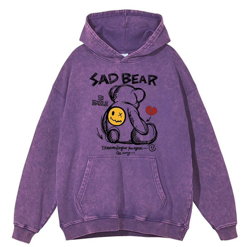 Sad Bear Printing men Distressed Hoodie Vintage Warm Washed Hoody Casual Soft Cotton Clothes Simple Oversize Sportswear Male