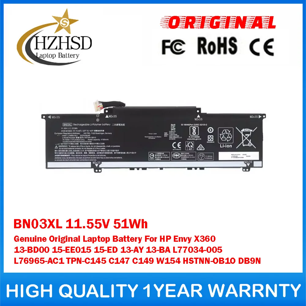 

BN03XL 11.55V 51Wh Genuine Original Laptop Battery For HP EnvyX360 13-BD00 15-EE015 15-ED 13-AY 13-BA L77034-005 L76965-AC1 C147