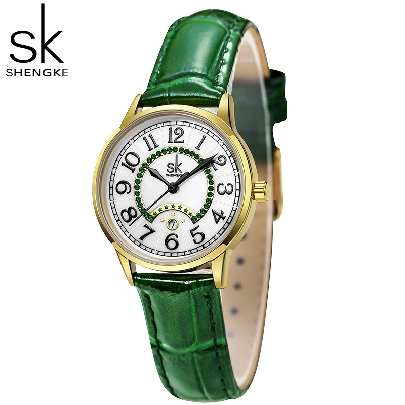 SHENGKE Fashion Green Leather Strap Calender Woman Watches Elegant Design Ladies Watch Original Women\'s Quartz Wristwatches SK