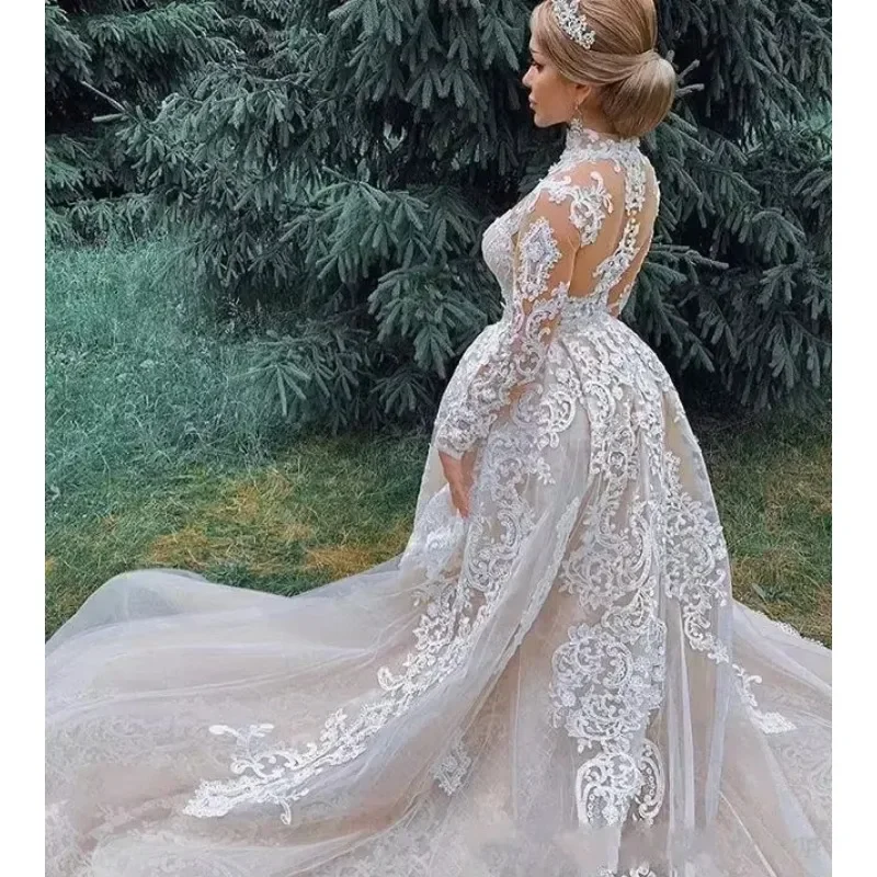 

Customized Vintage Mermaid Wedding Detachable Train High Neck Lace Bridal Dress Long Sleeves Plus Size