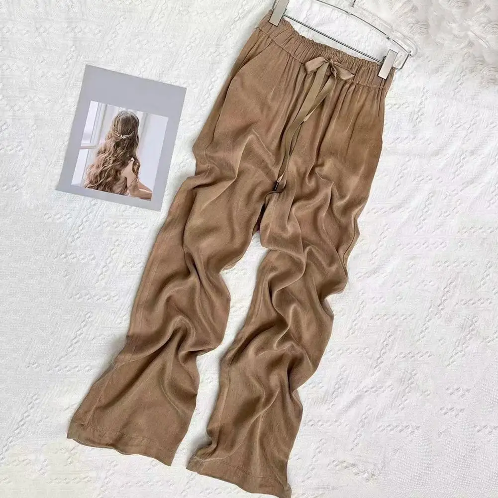 Calças femininas de perna larga, calça casual, elástico na cintura, cordão, seda gelada, streetwear