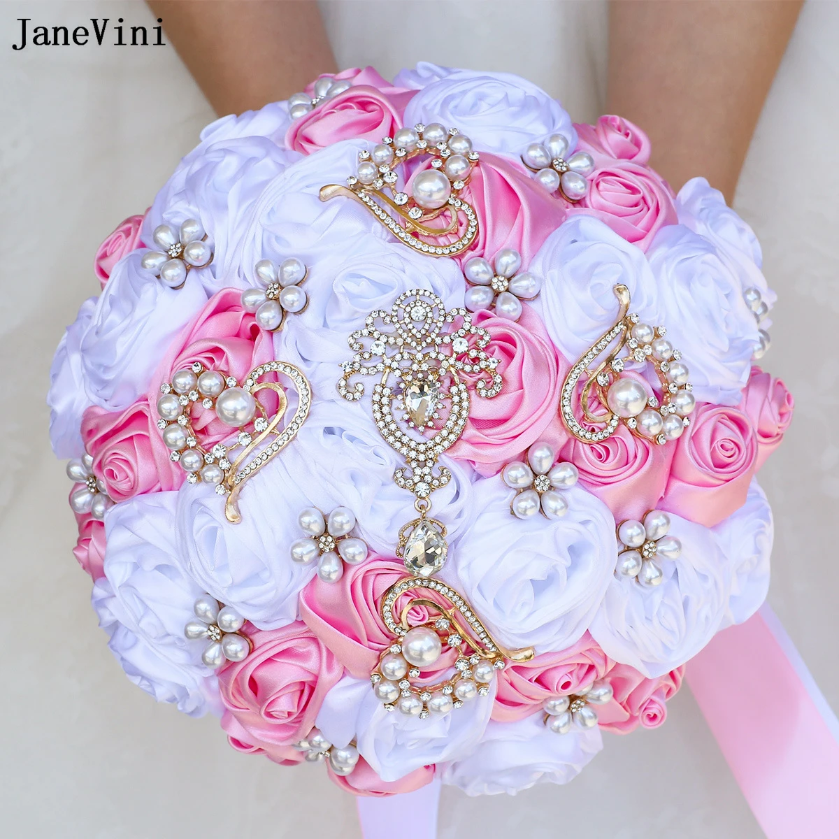 JaneVini New Pink and White Bouquet Flowers Bling Golden Rhinestones Artificial Satin Roses Bridal Bouquets Wedding Accessories