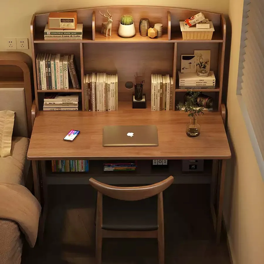 Bookshelf, study table, solid wood, integrated, telescopic, bedroom, folding, small apartment, office