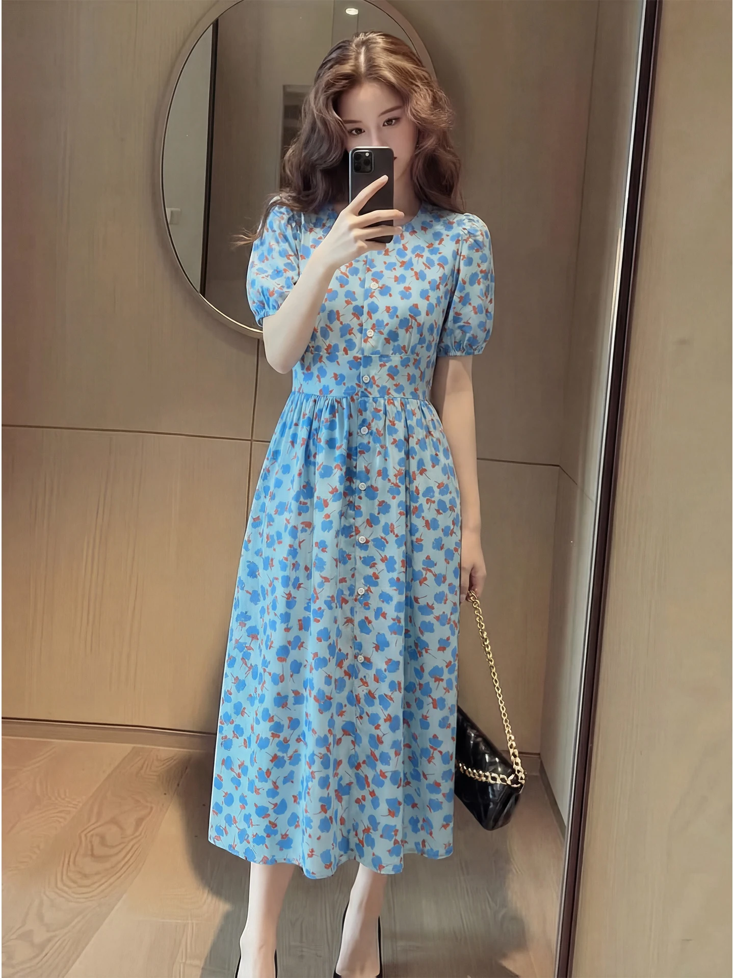 

Ele Vintage Fre Blue Floral High Waist Slim Fit round Ne Bubble Sve Midi Dr Spring New Sle Sweet Sle Silk