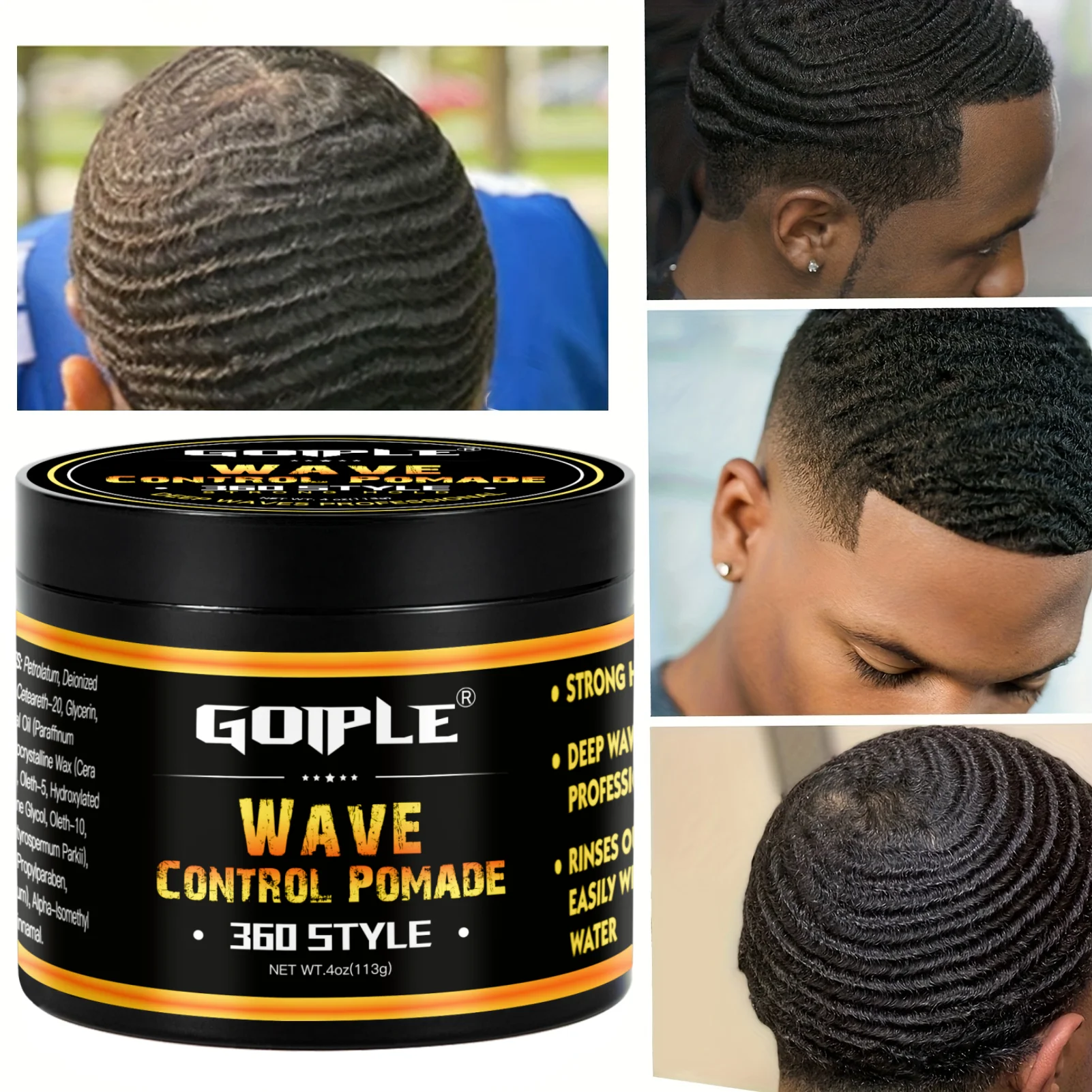 GOIPLE Long-Lasting Male Wavy Hair Gel Styling Clay Deep Waves Cream with Brush Silky Cap Wave Control Pomade 360 for Black Men