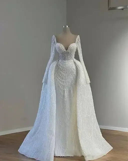 First White Customized White Mermaid Wedding Dresses Detachable Train Long Sleeves Pearls Wedding Vestido Blanco Brides Dresses