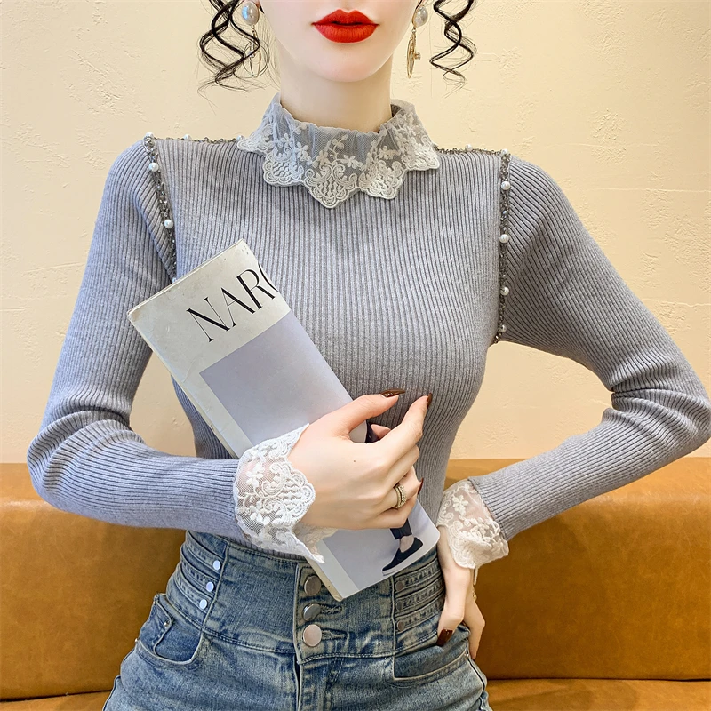 

2025, новинка, европейская, одежда, вязаный, свитер, женский, шикарный, сексуальный, макет шеи, пэчворк, кружево, блестящий, бисер, длинный рукав, эластичный, топы, 51015