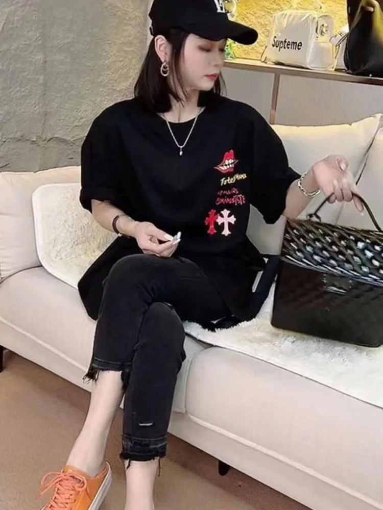 Lente Zomer 2024 Dames Plus Size Jeans met rechte pijpen Hoge taille Katoenmix Elastisch Verzwakte zoom Enkellange Afslanken