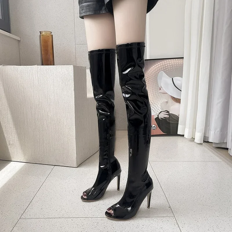 Spring 2023 New Open Toe High Heels Women Boot Slim Heels Knight  Night Club Sexy Steel Pipe Dance Boot Black Knee Boot Muje