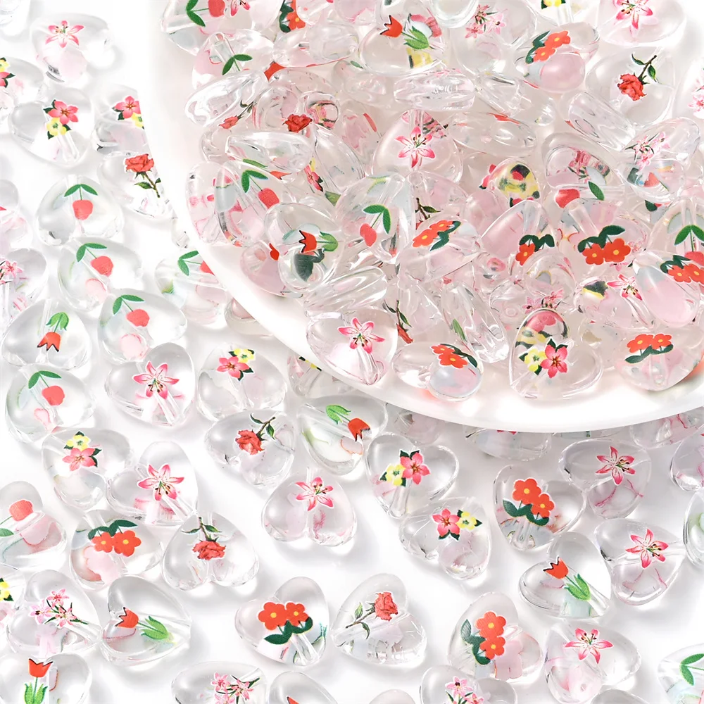 10 Stück transparente Herz-Acrylperlen mit Blumenmuster, lose Abstandsperlen für DIY-Schmuckherstellung, Ohrringe, Armbänder, Halsketten – Detail 2
