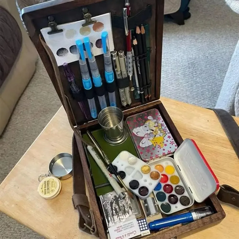 Portable Artist Tool Bag Writers Messenger Wood Box Painting Brush Tool Storage Sketch Box Easel for Outdoor Painting