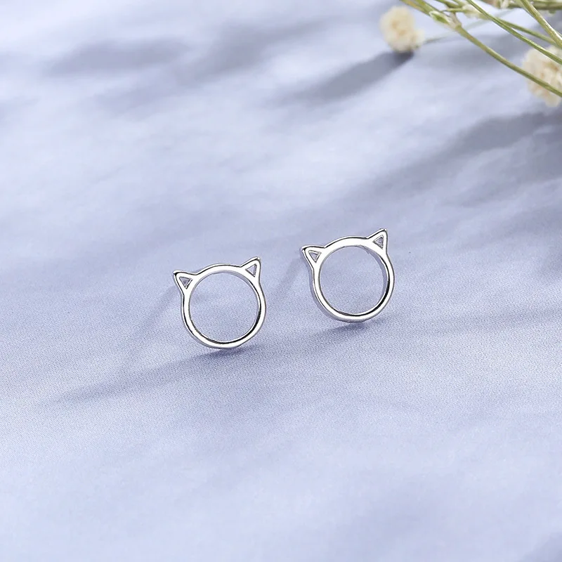 New Cute Personality 925 Sterling Silver Hollowed Cat Face Stud Earrings for Women Girls Korean Animal Jewelry Accessories Gifts