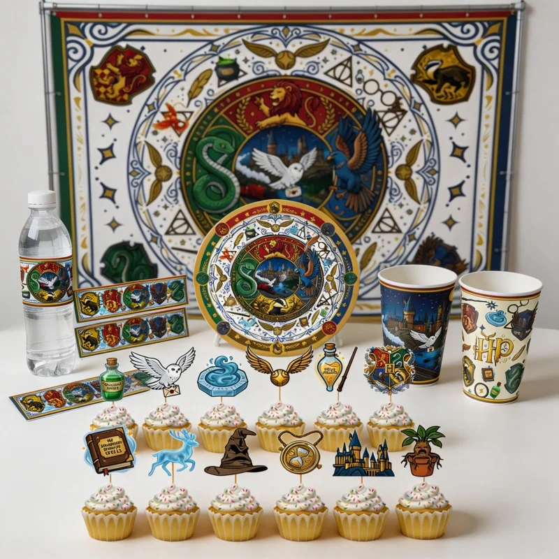 Artículos de Fiesta Temáticos de la Academia de Magia de Warner Bros, Vajilla Desechable, Platos de Papel, Vasos, Fondo en Espiral, Decoración de Cumpleaños, Set de Escenario