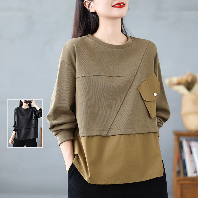 

Повседневная круглая толстовка Ne Long Sve в стиле пэчворк, женская толстовка больших размеров, моющийся осенний топ из двух предметов, удобная кроватка...