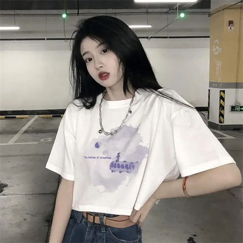 Oversized Shirt Funny Y2K Women Crop Tops Casual Black Femme Navel T-shirt O Neck Short Loose Tee Shirt Summer Streetwear