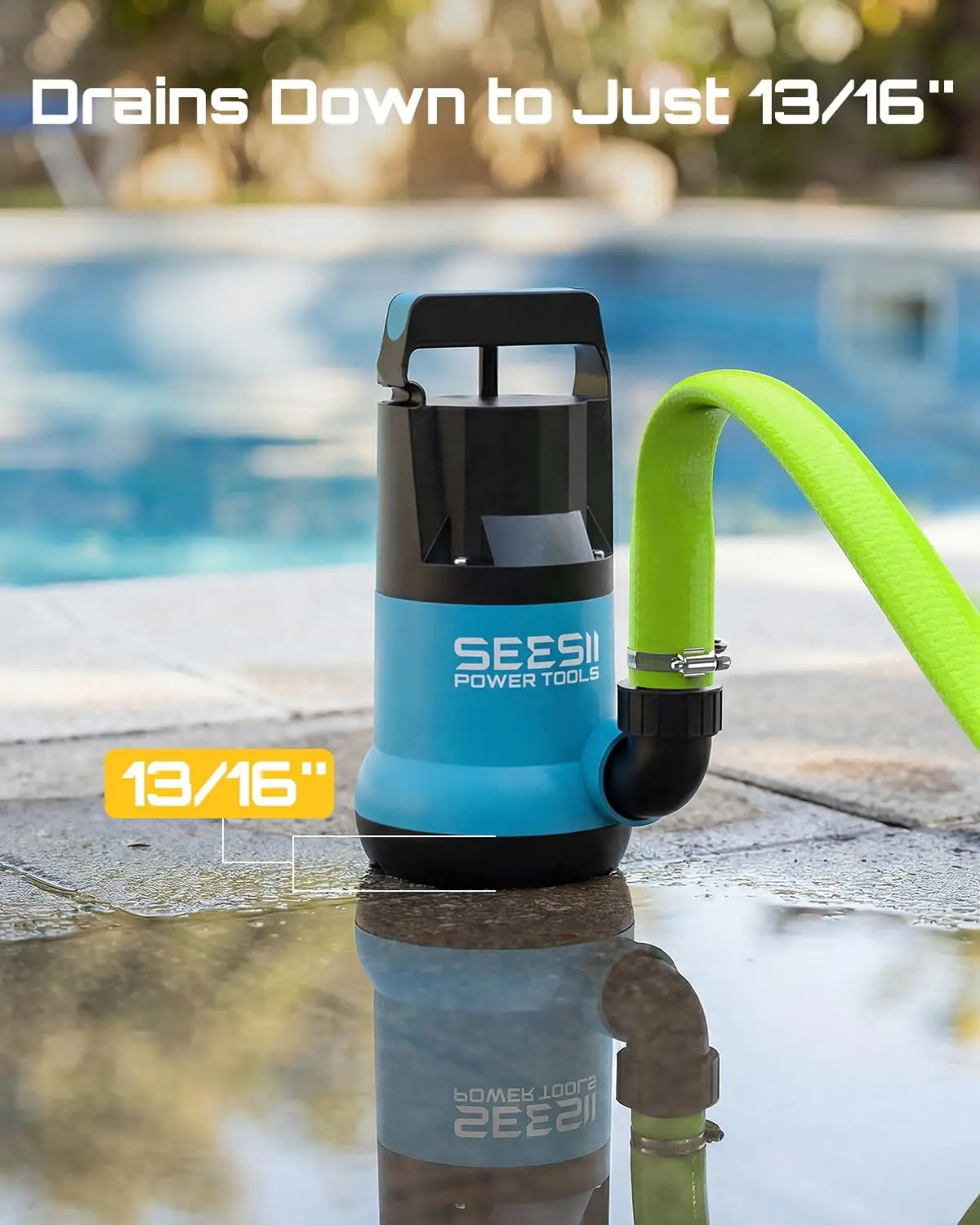 SEESII 1HP Submersible Water Pump 4755 GPH High Flow With 23ft Hose Anti-Clogging Filter Bag, Sump Pump for Swimming Pool, Hot Tub, Pond, Flooded Basement, Rooftop, Garden Water Removal