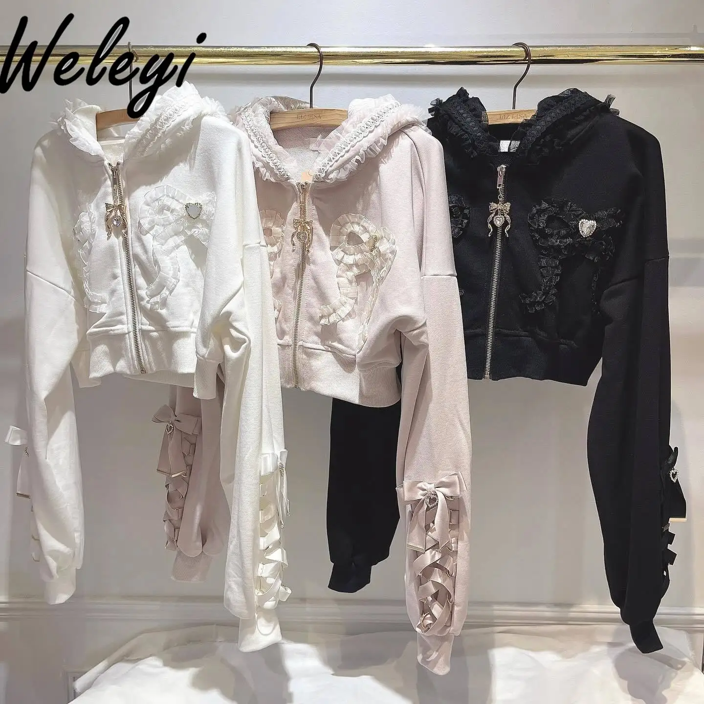 

Mine Series Mass-produced Bow Rhinestone Zip Up Hoodie Japan Style Soft Girl Cute Yarn Long Sleeve Lace-up Short Hooded Cardigan