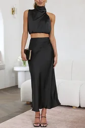 Two Piece Set For Women Satin Midi Long Skirts Sleeveless Off Shoulder Solid Color Sexy Cropped Top A-line Skirt Set 2 Piece