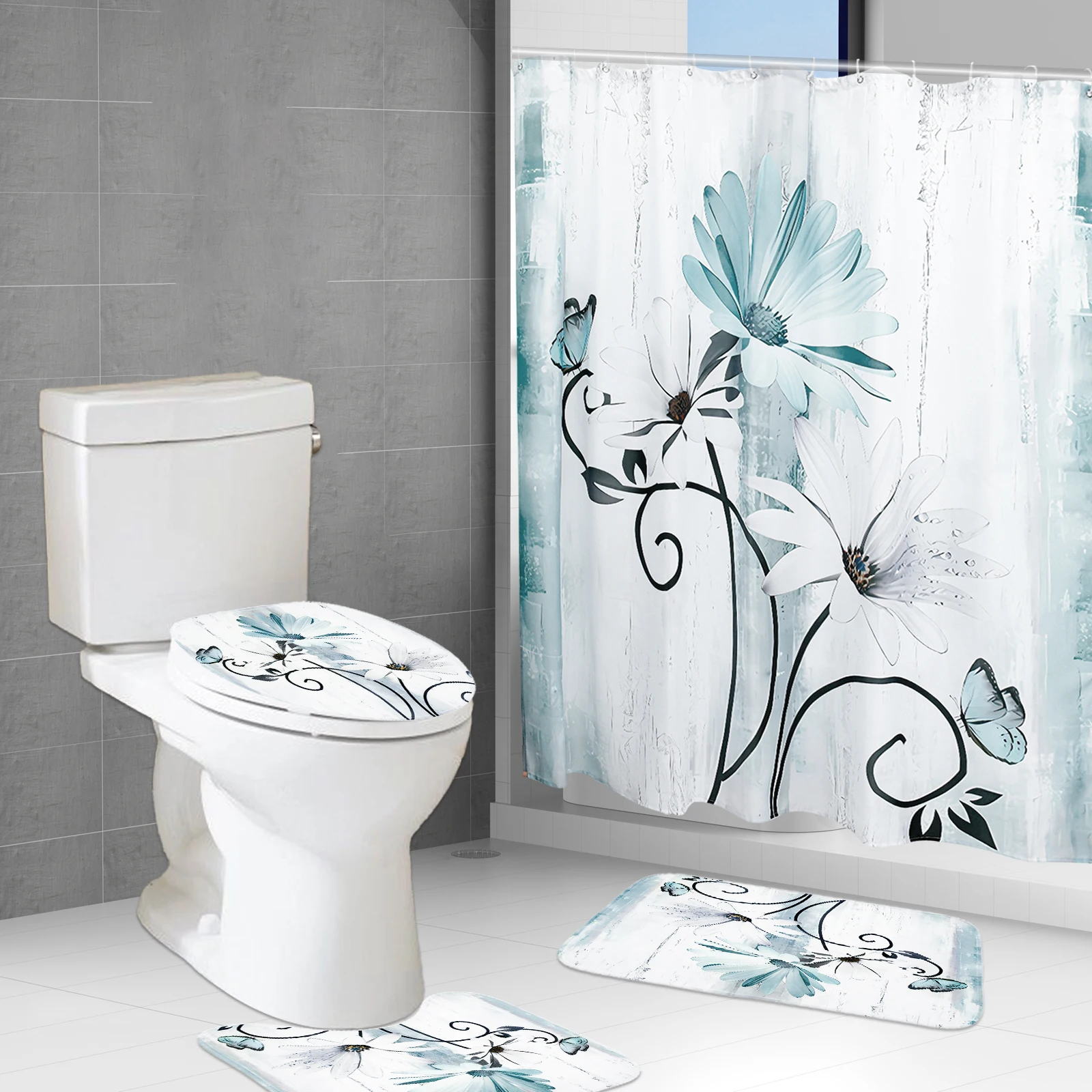 4Pcs Farmhouse Shower Curtain Set Daisy Bathroom Sets Vintage Floral Bathroom Curtain Set Rustic Flower Bathroom Decor Set with